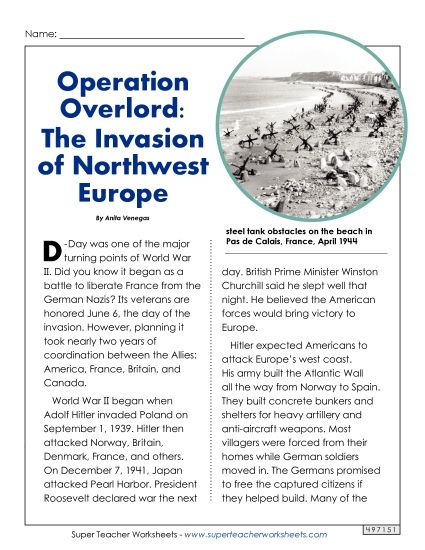 Articles - Operation Overlord (D-Day) (Printable PDF Worksheet)
