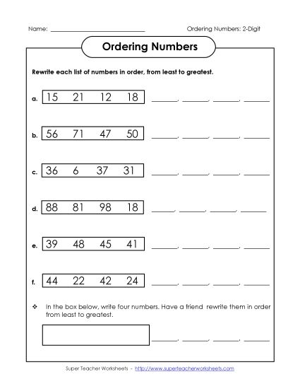 Ordering Numbers - Order 2-Digit Numbers Least to Greatest (Printable PDF Worksheet)