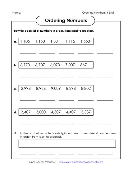 Ordering Numbers - Order 4-Digit Numbers Least to Greatest (Printable PDF Worksheet)