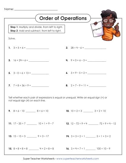 Order of Operations (Basic: No Parentheses) (Printable PDF Worksheet)