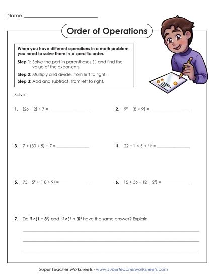 Whole Numbers Only - Order of Operations with Parenthesis and Exponents (Printable PDF Worksheet)