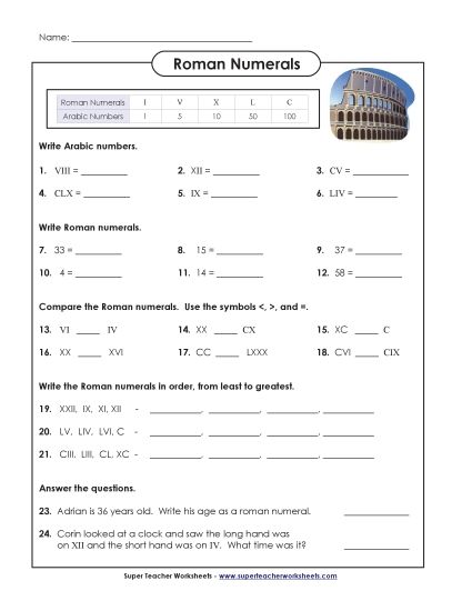 Intermediate (I through C) - Ordering & Comparing Roman Numerals (Printable PDF Worksheet)