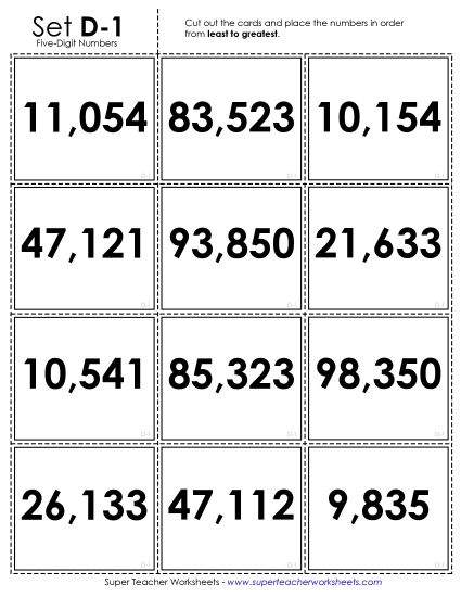 Ordering Numbers - Ordering: Card Sort Game (5-Digit) (Printable PDF Worksheet)