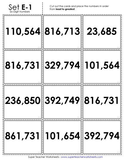 Ordering Numbers - Ordering: Card Sort Game (6-Digit) (Printable PDF Worksheet)