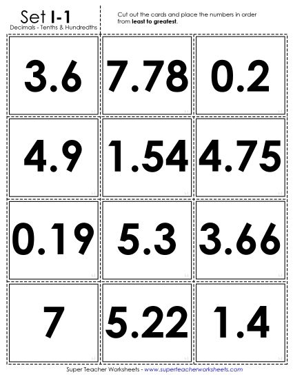 Ordering Decimals - Ordering Card Sort Game: Tenths and Hundredths (Printable PDF Worksheet)