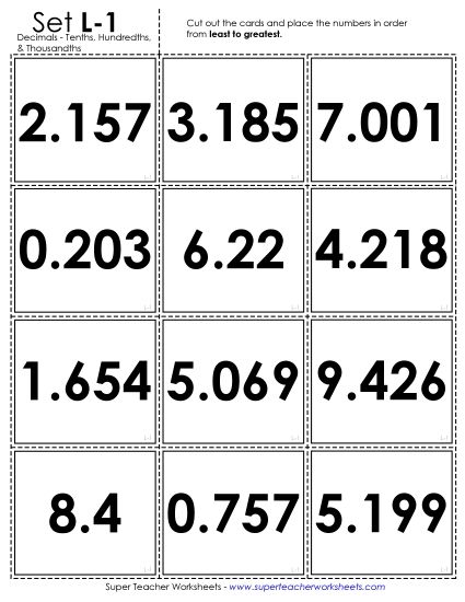 Ordering Decimals - Ordering: Card Sort Game (Tenths, Hundredths, Thousandths) (Printable PDF Worksheet)