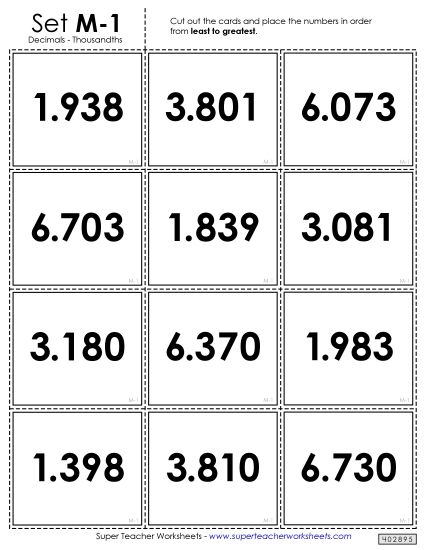 Ordering Decimals - Ordering Decimals Card Sort Game (Thousandths) (Printable PDF Worksheet)