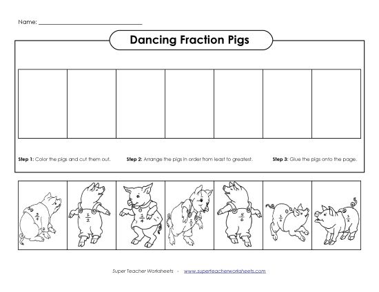 Ordering Fractions - Ordering Fractions: Dancing Pigs (Printable PDF Worksheet)