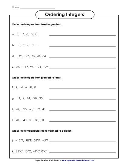Basic Integers - Ordering Integers (Printable PDF Worksheet)