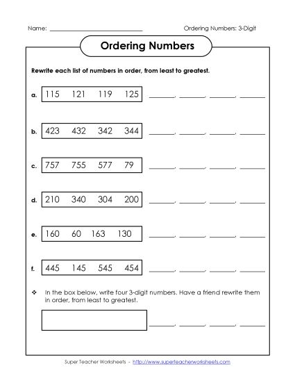 Ordering Numbers - Ordering: Least to Greatest: 3-Digit Numbers (Printable PDF Worksheet)