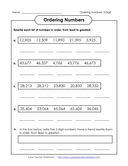Ordering Numbers - Ordering: Least to Greatest (5-Digit) (Printable PDF Worksheet)