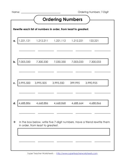Ordering Numbers - Ordering: Least to Greatest: 7-Digit Numbers (Printable PDF Worksheet)