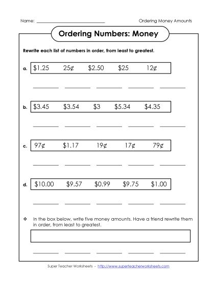 Ordering - Ordering Money Amounts (Printable PDF Worksheet)