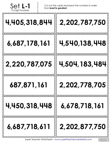 Place Value - Ordering Numbers Card Sort Game (10-Digit) (Printable PDF Worksheet)