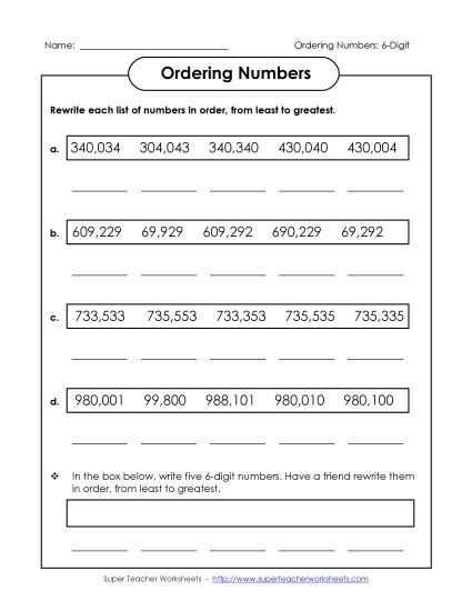 Ordering Numbers - Ordering Numbers: Least to Greatest (6-Digit) (Printable PDF Worksheet)