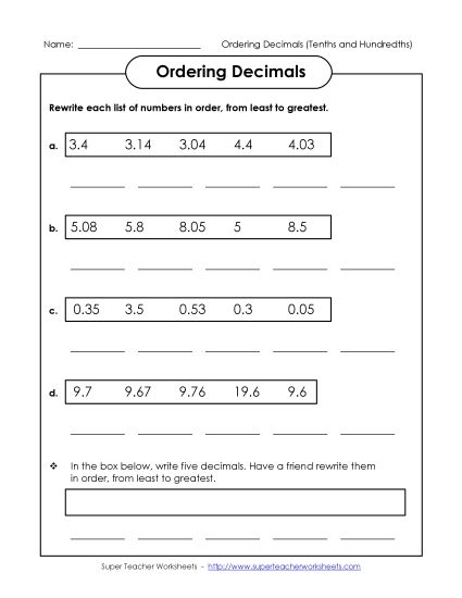 Ordering Decimals - Ordering Numbers: Least to Greatest (Tenths and Hundredths) (Printable PDF Worksheet)