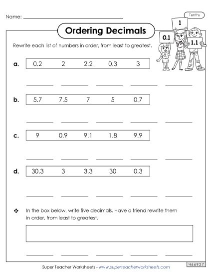 Ordering Decimals - Ordering Numbers (Tenths) (Printable PDF Worksheet)