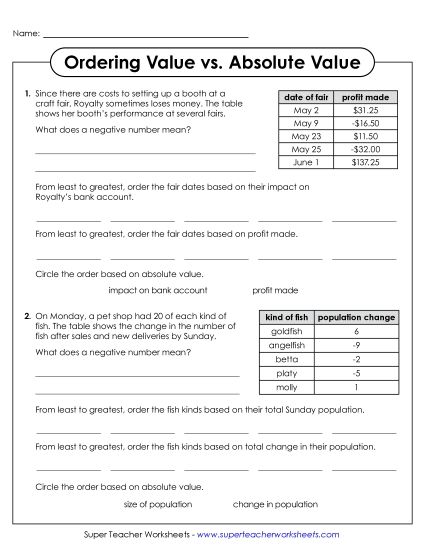 Absolute Value in Context - Ordering Value and Absolute Value (Printable PDF Worksheet)