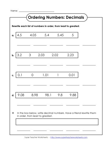 Ordering Decimals - Ordering Worksheet (Hundredths) (Printable PDF Worksheet)