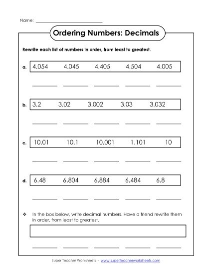 Ordering Decimals - Ordering Worksheet to the Thousandth Place (Printable PDF Worksheet)