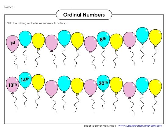 1st through 25th - Ordinal Balloons (Printable PDF Worksheet)