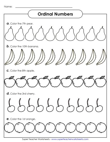 1st through 12th - Ordinal Fruits (Numeral Form) (Printable PDF Worksheet)