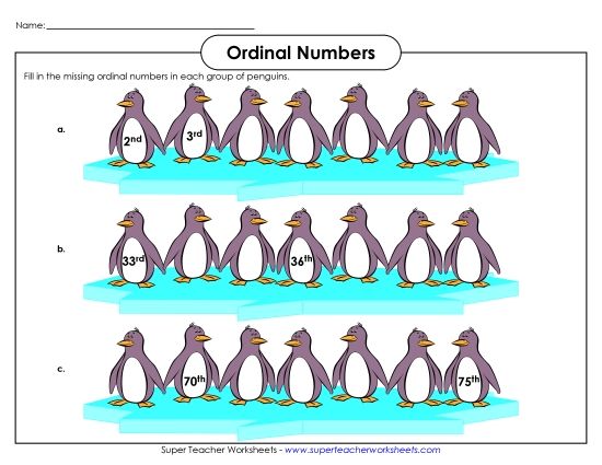 1st through 100th - Ordinal Penguins (Printable PDF Worksheet)