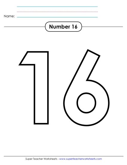 Number Sixteen - Outline - Number 16 (Printable PDF Worksheet)