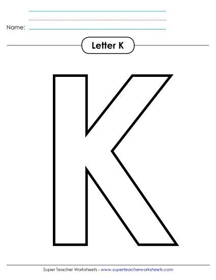 Letter Recognition - Outline - Uppercase K (Printable PDF Worksheet)
