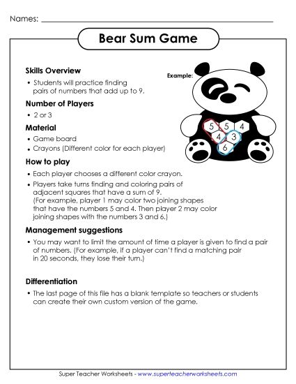 Zoo Counting, Numbers, & Math - Panda Sum Game (Printable PDF Worksheet)