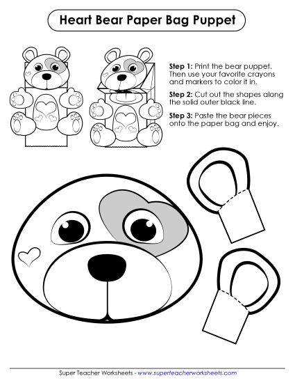 Valentine Crafts & Activities - Paper Bag Puppet: Valentine Bear (Printable PDF Worksheet)