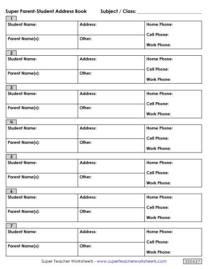 Parent Communications - Parent - Student Address Book (Printable PDF Worksheet)