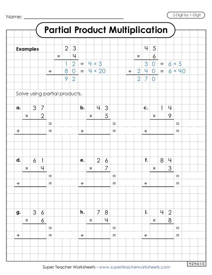 2-Digit by 1-Digit - Partial Products Graph Paper (2-Digit by 1-Digit) (Printable PDF Worksheet)