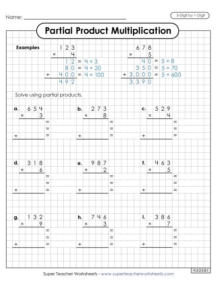 3-Digit by 1-Digit - Partial Products Graph Paper (3-Digit by 1-Digit) (Printable PDF Worksheet)