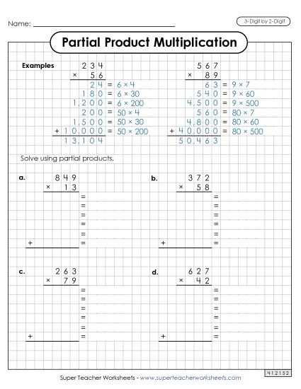 3-Digit by 2-Digit - Partial Products Graph Paper (3-Digit by 2-Digit) (Printable PDF Worksheet)