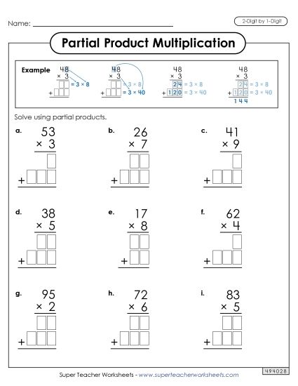 2-Digit by 1-Digit - Partial Products Multiplication: 2-Digit by 1-Digit (Printable PDF Worksheet)