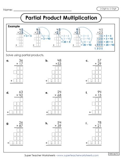 2-Digit by 2-Digit - Partial Products Multiplication: 2-Digit by 2-Digit (Printable PDF Worksheet)