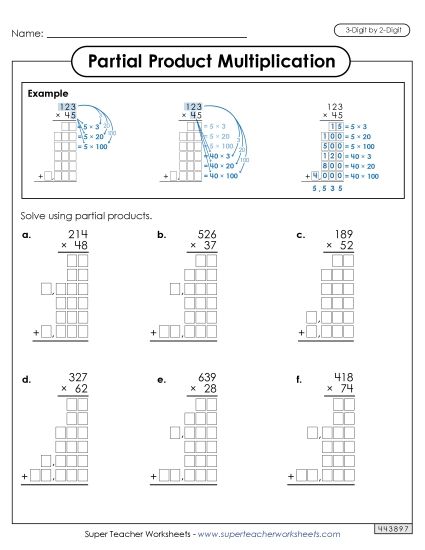 3-Digit by 2-Digit - Partial Products Multiplication: 3-Digit by 2-Digit (Printable PDF Worksheet)