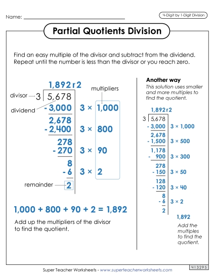 Partial Quotients - Partial Quotient Anchor Chart (4-Digit by 1-Digit Numbers) (Printable PDF Worksheet)