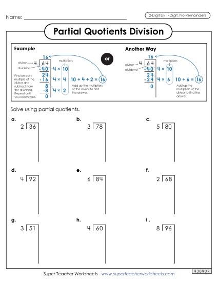 2-Digit Dividends - Partial Quotients 2-Digit by 1-Digit Division (without Remainders) (Printable PDF Worksheet)