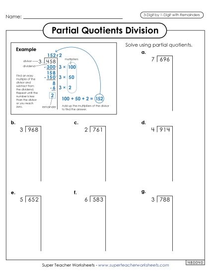 3-Digit Dividends - Partial Quotients  3-Digit by 1-Digit Division (including Remainders) (Printable PDF Worksheet)