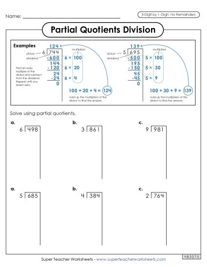 3-Digit Dividends - Partial Quotients 3-Digit by 1-Digit Division (without Remainders) (Printable PDF Worksheet)