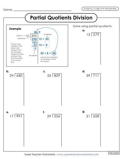 3-Digit Dividends - Partial Quotients  3-Digit by 2-Digit Division (including Remainders) (Printable PDF Worksheet)