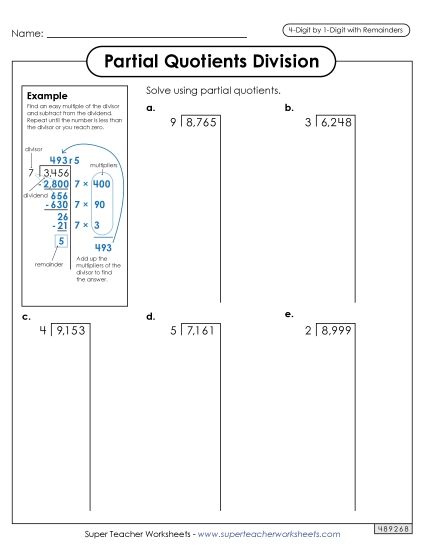 4-Digit Dividends - Partial Quotients  4-Digit by 1-Digit Division (including Remainders) (Printable PDF Worksheet)
