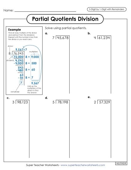 5-Digit Dividends - Partial Quotients  5-Digit by 1-Digit Division (including Remainders) (Printable PDF Worksheet)