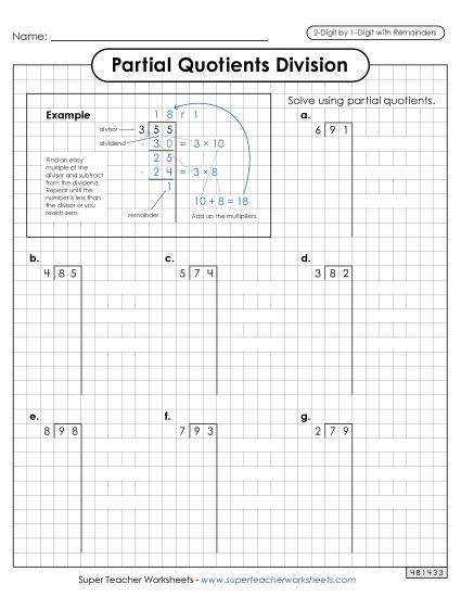 2-Digit Dividends - Partial Quotients (Graph Paper) 2-Digit by 1-Digit Division (including Remainders) (Printable PDF Worksheet)