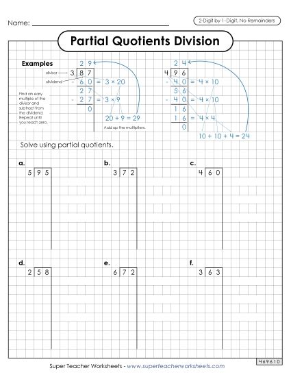2-Digit Dividends - Partial Quotients (Graph Paper) 2-Digit by 1-Digit Division (without Remainders) (Printable PDF Worksheet)