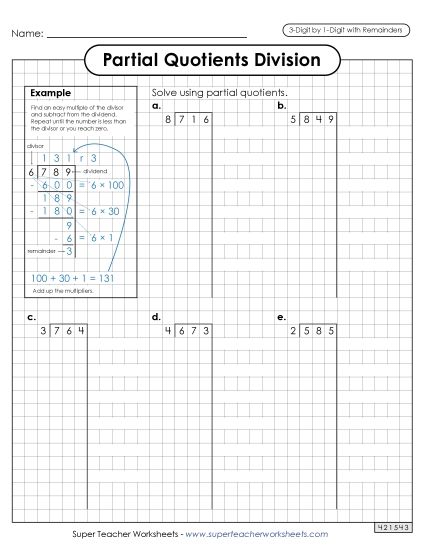 Partial Quotients - Partial Quotients (Graph Paper) 3-Digit by 1-Digit Division (including Remainders) (Printable PDF Worksheet)