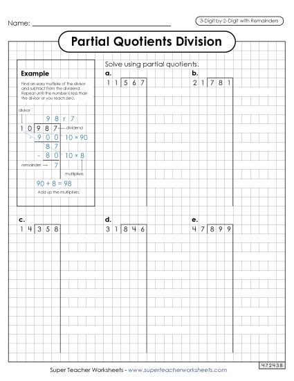 3-Digit Dividends - Partial Quotients (Graph Paper)  3-Digit by 2-Digit Division (including Remainders) (Printable PDF Worksheet)