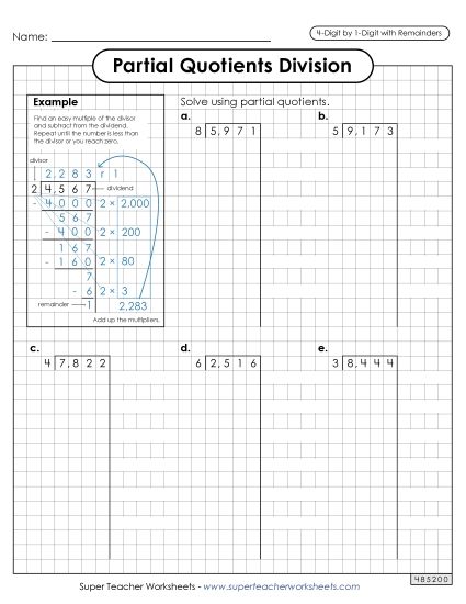 4-Digit Dividends - Partial Quotients (Graph Paper)  4-Digit by 1-Digit Division (including Remainders) (Printable PDF Worksheet)